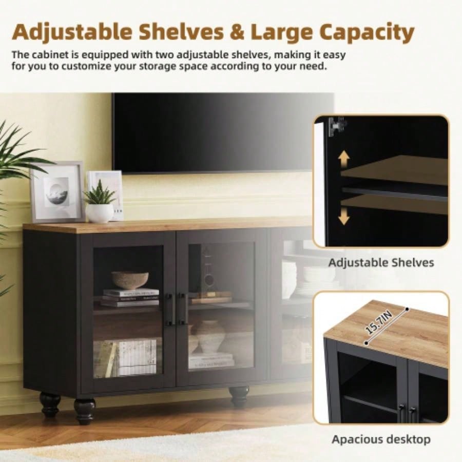 ON - TREND Farmhouse TV Stand with Tempered Glass Doors TVs Up to 70 Versatile Sideboard with Adjustable Shelves, Elegant Buffet Cabinet with 5 Solid Wood Gourd - Shaped Living Room, Black