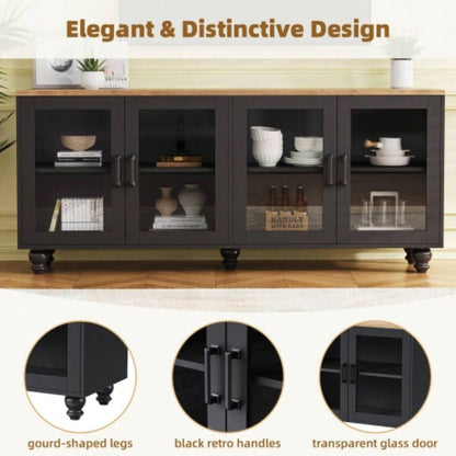 ON - TREND Farmhouse TV Stand with Tempered Glass Doors TVs Up to 70 Versatile Sideboard with Adjustable Shelves, Elegant Buffet Cabinet with 5 Solid Wood Gourd - Shaped Living Room, Black