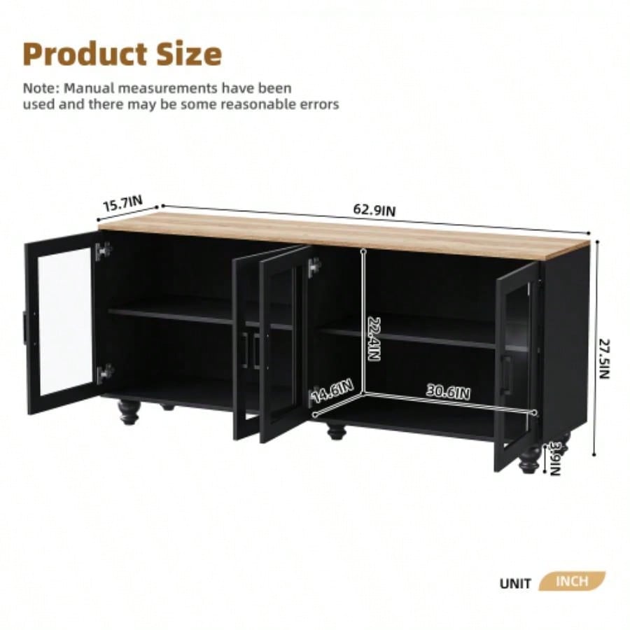ON - TREND Farmhouse TV Stand with Tempered Glass Doors TVs Up to 70 Versatile Sideboard with Adjustable Shelves, Elegant Buffet Cabinet with 5 Solid Wood Gourd - Shaped Living Room, Black