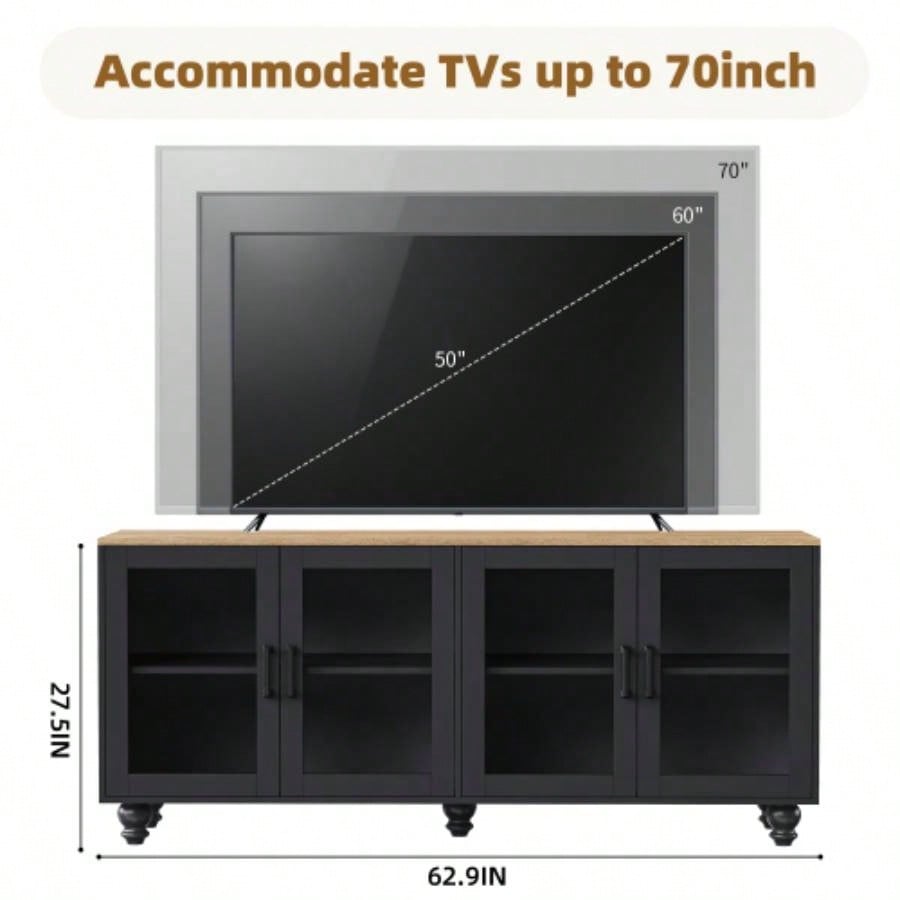 ON - TREND Farmhouse TV Stand with Tempered Glass Doors TVs Up to 70 Versatile Sideboard with Adjustable Shelves, Elegant Buffet Cabinet with 5 Solid Wood Gourd - Shaped Living Room, Black