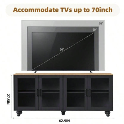 ON - TREND Farmhouse TV Stand with Tempered Glass Doors TVs Up to 70 Versatile Sideboard with Adjustable Shelves, Elegant Buffet Cabinet with 5 Solid Wood Gourd - Shaped Living Room, Black