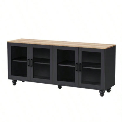 ON - TREND Farmhouse TV Stand with Tempered Glass Doors TVs Up to 70 Versatile Sideboard with Adjustable Shelves, Elegant Buffet Cabinet with 5 Solid Wood Gourd - Shaped Living Room, Black