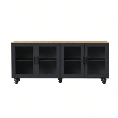 ON - TREND Farmhouse TV Stand with Tempered Glass Doors TVs Up to 70 Versatile Sideboard with Adjustable Shelves, Elegant Buffet Cabinet with 5 Solid Wood Gourd - Shaped Living Room, Black