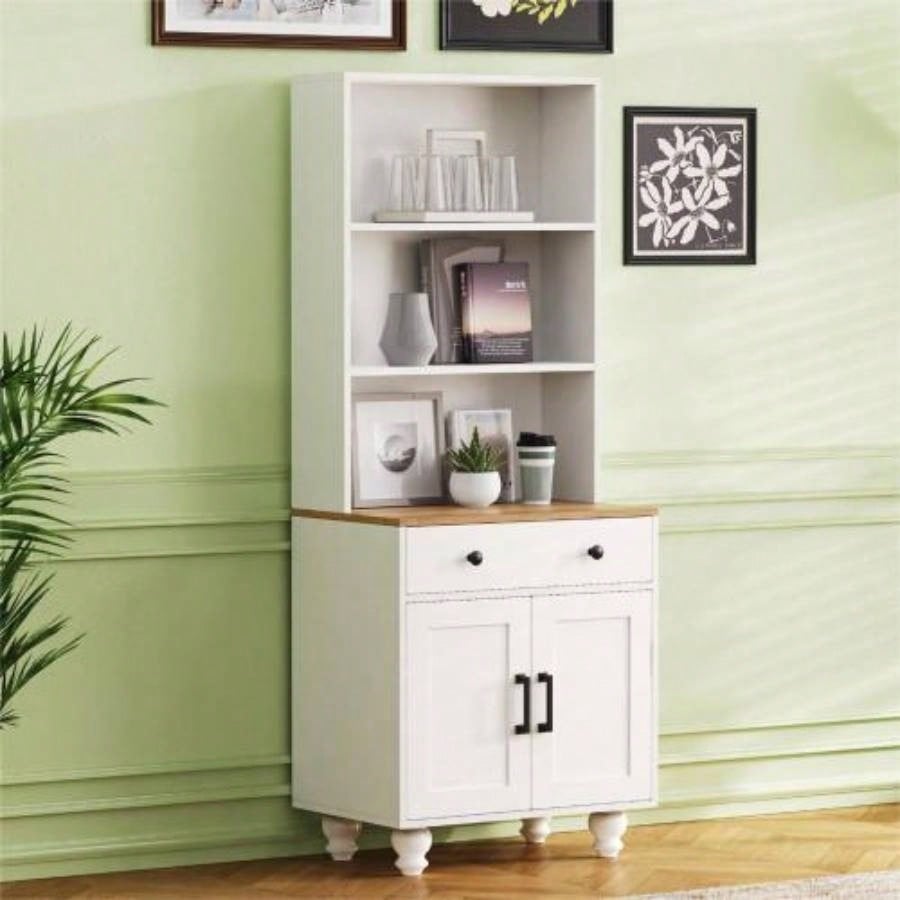ON - TREND Farmhouse TV Stand with Tempered Glass Doors TVs Up to 70 Versatile Sideboard with Adjustable Shelves, Elegant Buffet Cabinet with 5 Solid Wood Gourd - Shaped Living Room, Black