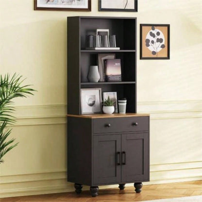 ON - TREND Farmhouse TV Stand with Tempered Glass Doors TVs Up to 70 Versatile Sideboard with Adjustable Shelves, Elegant Buffet Cabinet with 5 Solid Wood Gourd - Shaped Living Room, Black