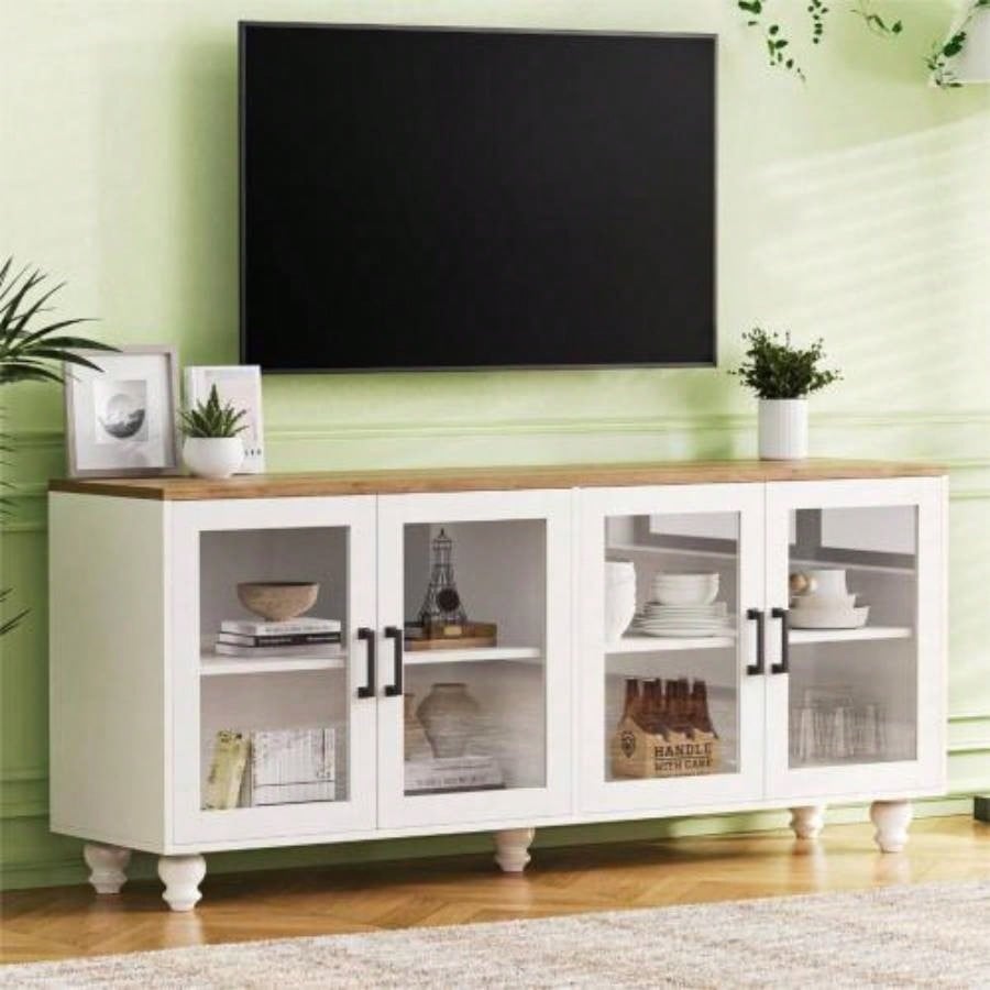 ON - TREND Farmhouse TV Stand with Tempered Glass Doors TVs Up to 70 Versatile Sideboard with Adjustable Shelves, Elegant Buffet Cabinet with 5 Solid Wood Gourd - Shaped Living Room, Black