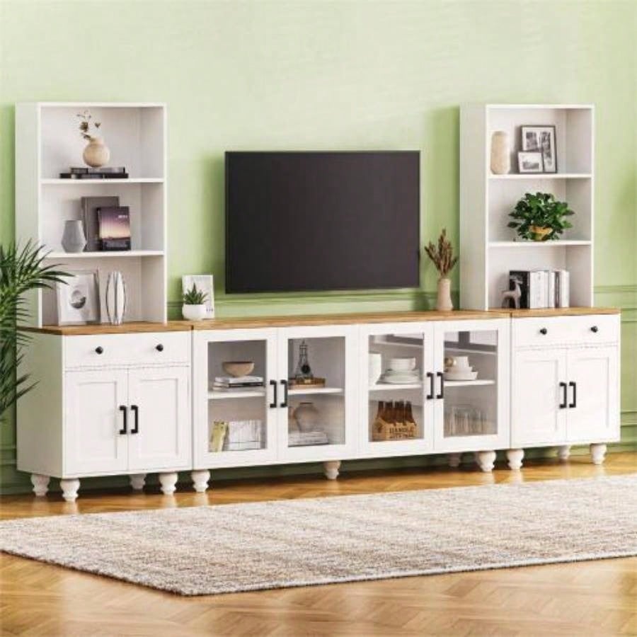 ON - TREND Farmhouse TV Stand with Tempered Glass Doors TVs Up to 70 Versatile Sideboard with Adjustable Shelves, Elegant Buffet Cabinet with 5 Solid Wood Gourd - Shaped Living Room, Black