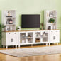 ON - TREND Farmhouse TV Stand with Tempered Glass Doors TVs Up to 70 Versatile Sideboard with Adjustable Shelves, Elegant Buffet Cabinet with 5 Solid Wood Gourd - Shaped Living Room, Black