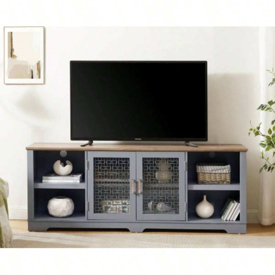 Modern Farmhouse TV Media Stand, Large Home Entertainment Console, TV Up to 80 with Open Shelves and Glass Door Cabinets, Light Blue and Light Oak, 7015.55D*26.85H