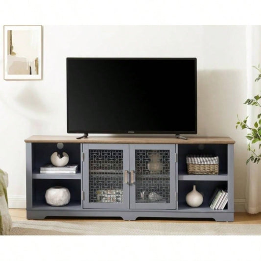Modern Farmhouse TV Media Stand, Large Home Entertainment Console, TV Up to 80 with Open Shelves and Glass Door Cabinets, Light Blue and Light Oak, 7015.55D*26.85H