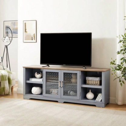 Modern Farmhouse TV Media Stand, Large Home Entertainment Console, TV Up to 80 with Open Shelves and Glass Door Cabinets, Light Blue and Light Oak, 7015.55D*26.85H