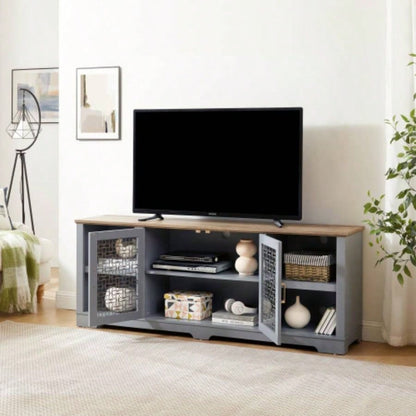 Modern Farmhouse TV Media Stand, Large Home Entertainment Console, TV Up to 80 with Open Shelves and Glass Door Cabinets, Light Blue and Light Oak, 7015.55D*26.85H