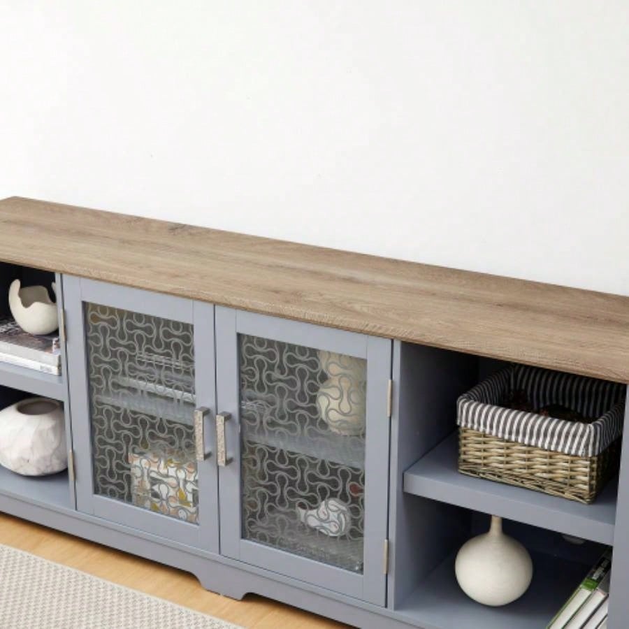 Modern Farmhouse TV Media Stand, Large Home Entertainment Console, TV Up to 80 with Open Shelves and Glass Door Cabinets, Light Blue and Light Oak, 7015.55D*26.85H