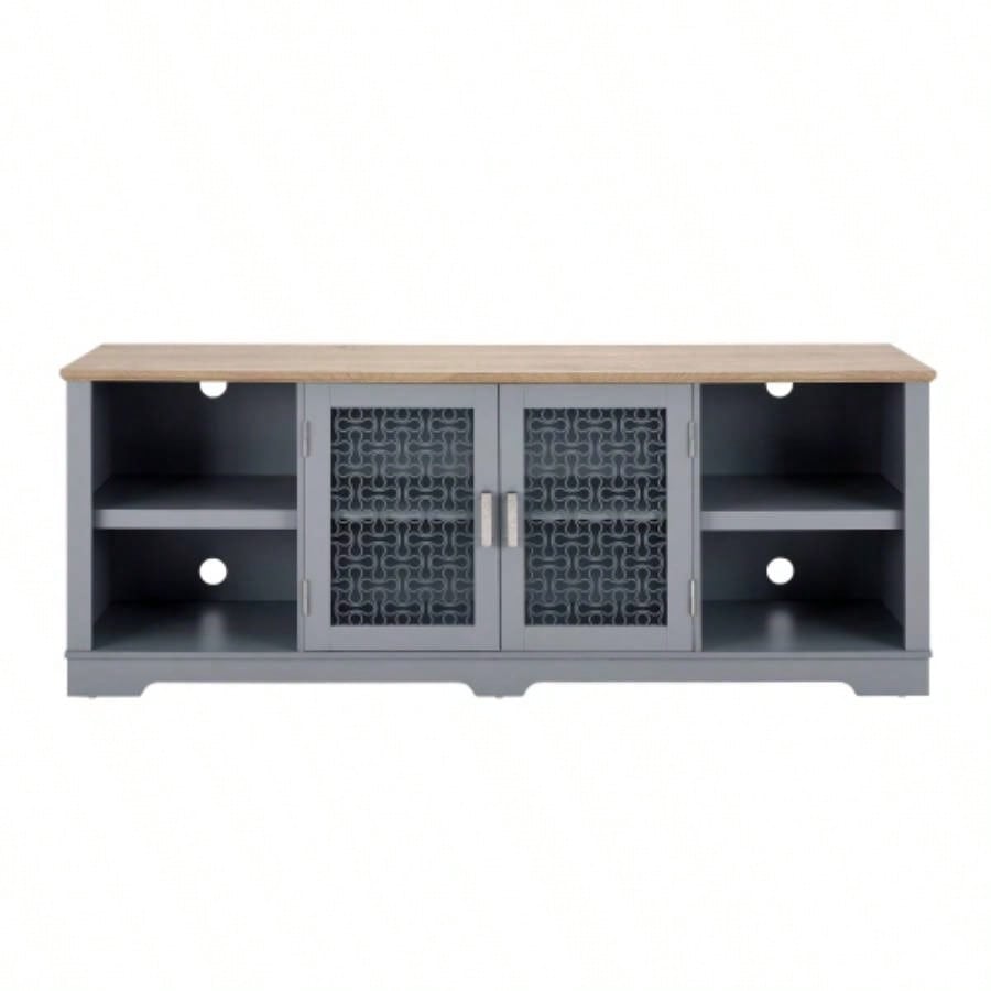 Modern Farmhouse TV Media Stand, Large Home Entertainment Console, TV Up to 80 with Open Shelves and Glass Door Cabinets, Light Blue and Light Oak, 7015.55D*26.85H