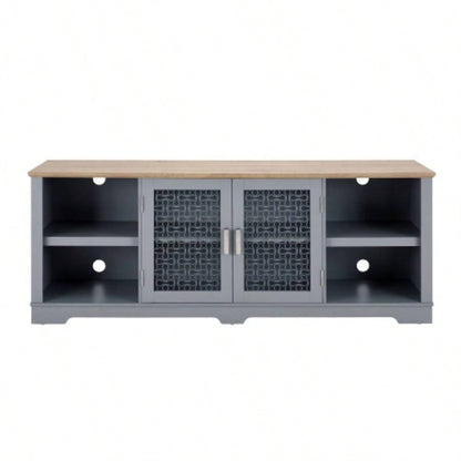 Modern Farmhouse TV Media Stand, Large Home Entertainment Console, TV Up to 80 with Open Shelves and Glass Door Cabinets, Light Blue and Light Oak, 7015.55D*26.85H
