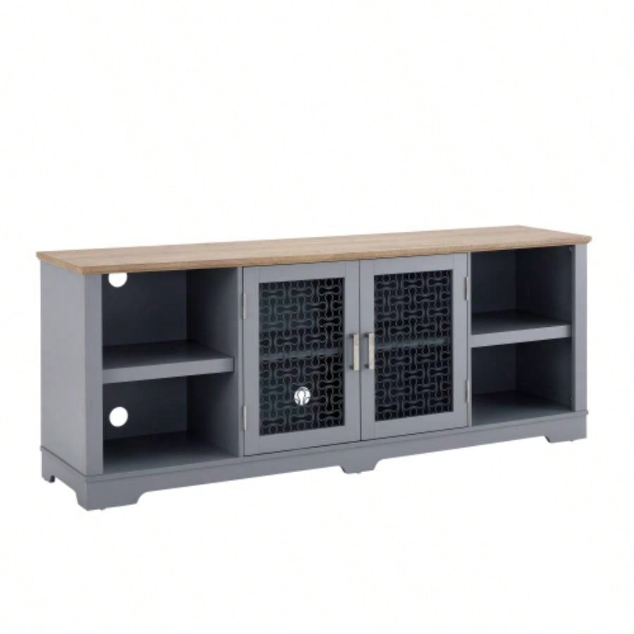 Modern Farmhouse TV Media Stand, Large Home Entertainment Console, TV Up to 80 with Open Shelves and Glass Door Cabinets, Light Blue and Light Oak, 7015.55D*26.85H