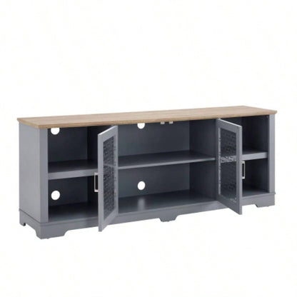 Modern Farmhouse TV Media Stand, Large Home Entertainment Console, TV Up to 80 with Open Shelves and Glass Door Cabinets, Light Blue and Light Oak, 7015.55D*26.85H