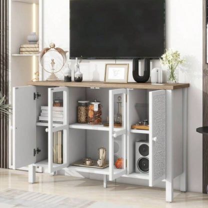 U - Can 47.2 Retro TV Stand TVs up to 43 Inches, Entertainment Center Media Console Cabinet with 3 Spacious Cabinets, Glass Cabinet Doors and Anti - tip Device Living room
