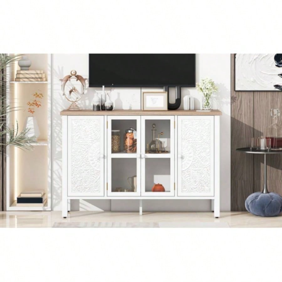 U - Can 47.2 Retro TV Stand TVs up to 43 Inches, Entertainment Center Media Console Cabinet with 3 Spacious Cabinets, Glass Cabinet Doors and Anti - tip Device Living room