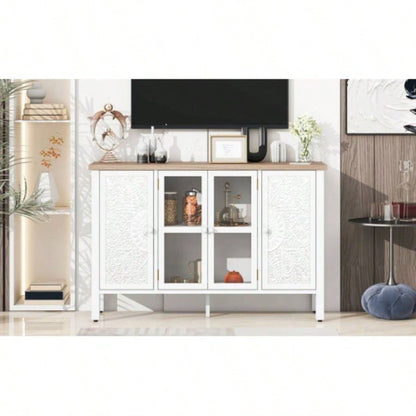 U - Can 47.2 Retro TV Stand TVs up to 43 Inches, Entertainment Center Media Console Cabinet with 3 Spacious Cabinets, Glass Cabinet Doors and Anti - tip Device Living room