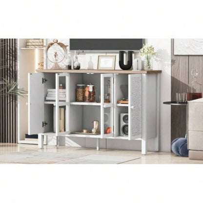 U - Can 47.2 Retro TV Stand TVs up to 43 Inches, Entertainment Center Media Console Cabinet with 3 Spacious Cabinets, Glass Cabinet Doors and Anti - tip Device Living room