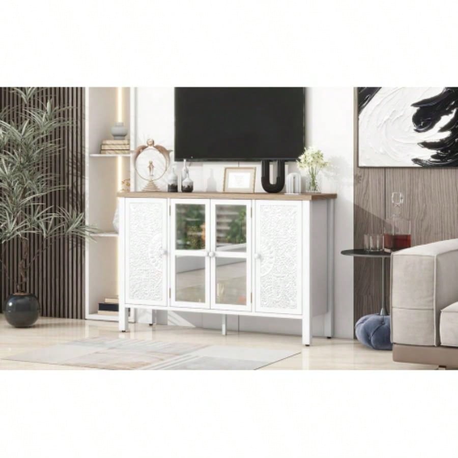 U - Can 47.2 Retro TV Stand TVs up to 43 Inches, Entertainment Center Media Console Cabinet with 3 Spacious Cabinets, Glass Cabinet Doors and Anti - tip Device Living room