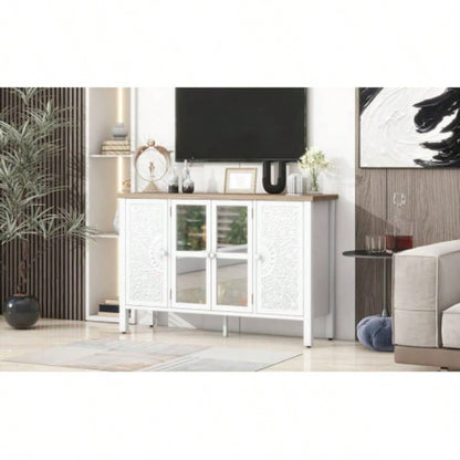 U - Can 47.2 Retro TV Stand TVs up to 43 Inches, Entertainment Center Media Console Cabinet with 3 Spacious Cabinets, Glass Cabinet Doors and Anti - tip Device Living room