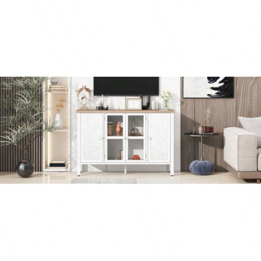 U - Can 47.2 Retro TV Stand TVs up to 43 Inches, Entertainment Center Media Console Cabinet with 3 Spacious Cabinets, Glass Cabinet Doors and Anti - tip Device Living room