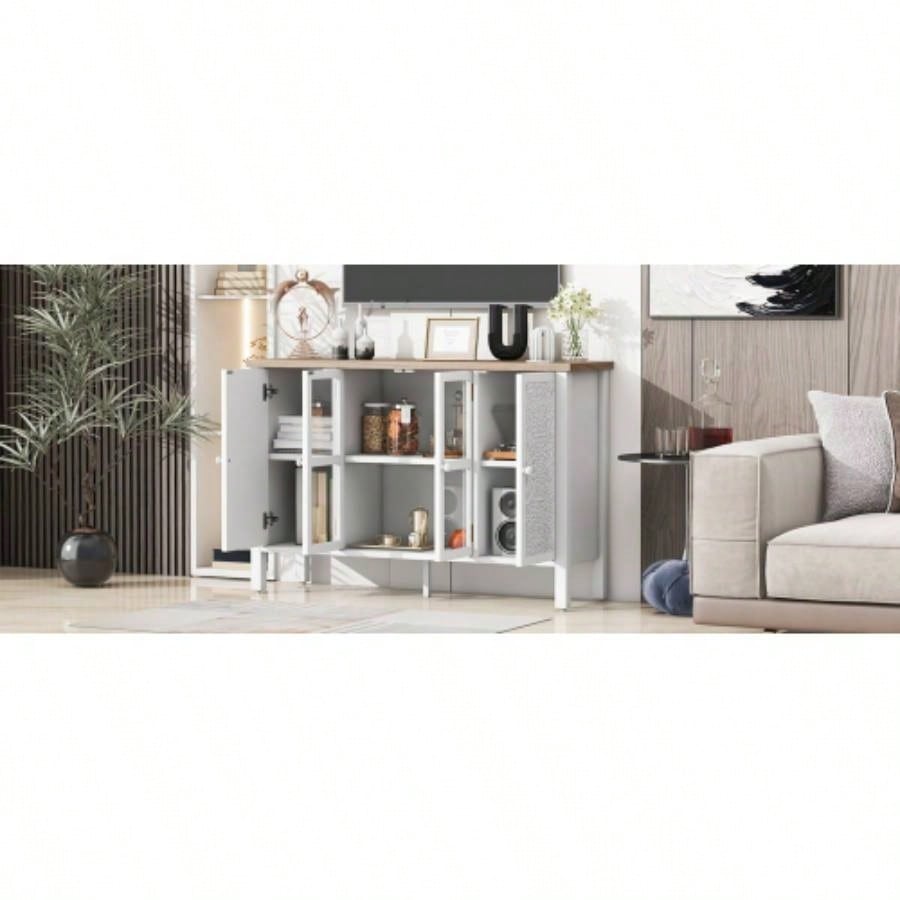 U - Can 47.2 Retro TV Stand TVs up to 43 Inches, Entertainment Center Media Console Cabinet with 3 Spacious Cabinets, Glass Cabinet Doors and Anti - tip Device Living room