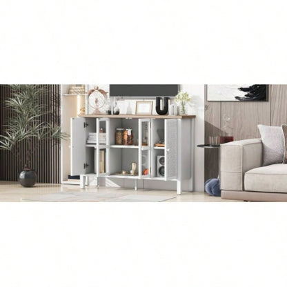 U - Can 47.2 Retro TV Stand TVs up to 43 Inches, Entertainment Center Media Console Cabinet with 3 Spacious Cabinets, Glass Cabinet Doors and Anti - tip Device Living room
