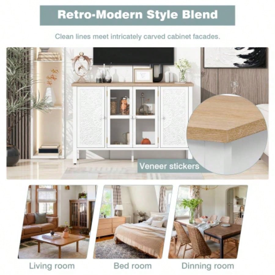 U - Can 47.2 Retro TV Stand TVs up to 43 Inches, Entertainment Center Media Console Cabinet with 3 Spacious Cabinets, Glass Cabinet Doors and Anti - tip Device Living room