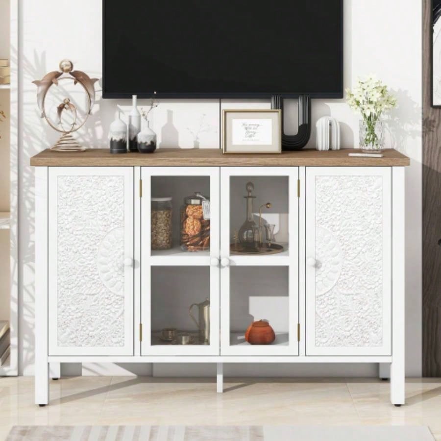 U - Can 47.2 Retro TV Stand TVs up to 43 Inches, Entertainment Center Media Console Cabinet with 3 Spacious Cabinets, Glass Cabinet Doors and Anti - tip Device Living room