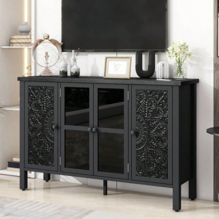 U - Can 47.2 Retro TV Stand TVs up to 43 Inches, Entertainment Center Media Console Cabinet with 3 Spacious Cabinets, Glass Cabinet Doors and Anti - tip Device Living room