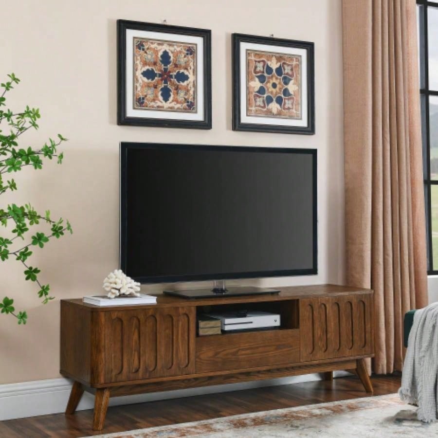 Mid Modern Fluted TV Stand 65 inch TV, Entertainment Center with Storage, Farmhouse Wood Media Console Living Room Apartment Office, Accent Table, 2 Door 1 Drawer Solid Wood Leg