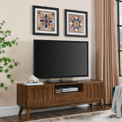 Mid Modern Fluted TV Stand 65 inch TV, Entertainment Center with Storage, Farmhouse Wood Media Console Living Room Apartment Office, Accent Table, 2 Door 1 Drawer Solid Wood Leg