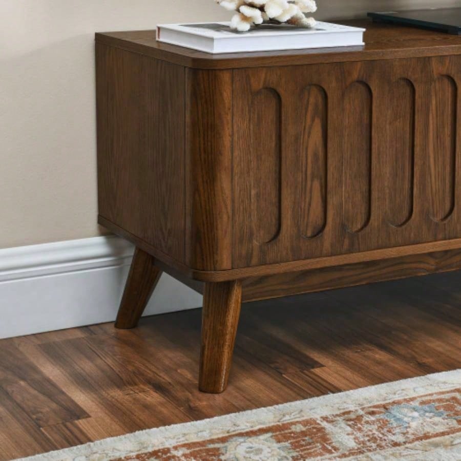Mid Modern Fluted TV Stand 65 inch TV, Entertainment Center with Storage, Farmhouse Wood Media Console Living Room Apartment Office, Accent Table, 2 Door 1 Drawer Solid Wood Leg