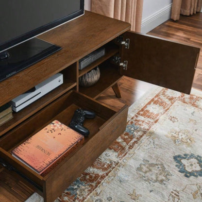 Mid Modern Fluted TV Stand 65 inch TV, Entertainment Center with Storage, Farmhouse Wood Media Console Living Room Apartment Office, Accent Table, 2 Door 1 Drawer Solid Wood Leg