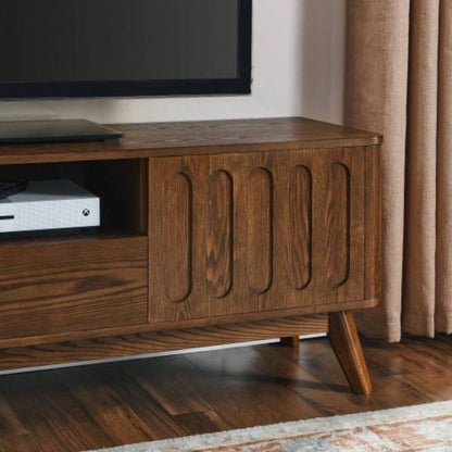 Mid Modern Fluted TV Stand 65 inch TV, Entertainment Center with Storage, Farmhouse Wood Media Console Living Room Apartment Office, Accent Table, 2 Door 1 Drawer Solid Wood Leg