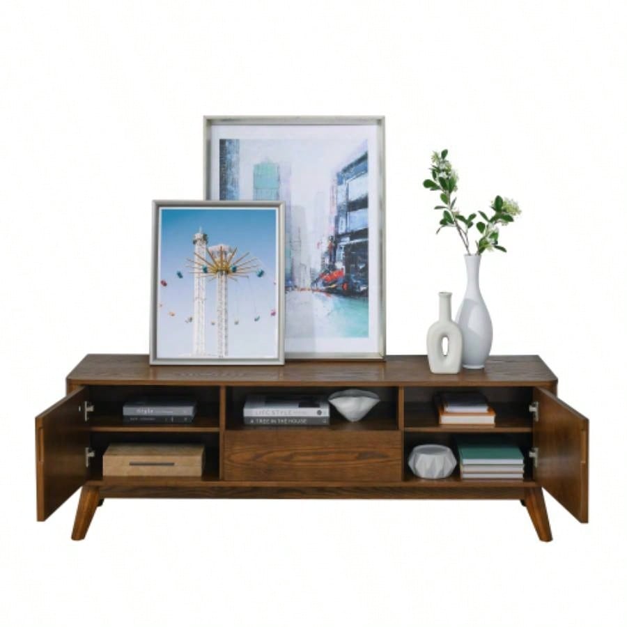 Mid Modern Fluted TV Stand 65 inch TV, Entertainment Center with Storage, Farmhouse Wood Media Console Living Room Apartment Office, Accent Table, 2 Door 1 Drawer Solid Wood Leg