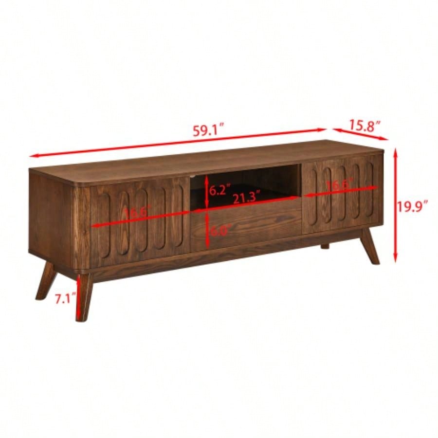 Mid Modern Fluted TV Stand 65 inch TV, Entertainment Center with Storage, Farmhouse Wood Media Console Living Room Apartment Office, Accent Table, 2 Door 1 Drawer Solid Wood Leg