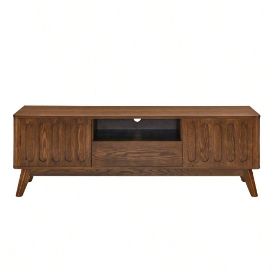 Mid Modern Fluted TV Stand 65 inch TV, Entertainment Center with Storage, Farmhouse Wood Media Console Living Room Apartment Office, Accent Table, 2 Door 1 Drawer Solid Wood Leg