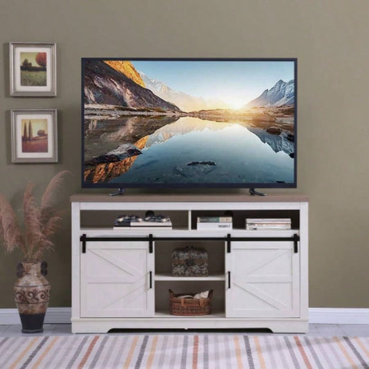 Farmhouse TV Stand 65+ Inch TV, 33 Tall Highboy Entertainment Center/Sliding Barn Door, Rustic Media Console/Storage Shelves, Wood Television Stand Living Room, Antique White