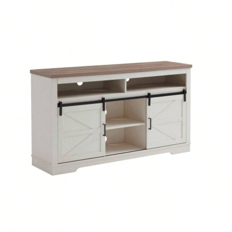 Farmhouse TV Stand 65+ Inch TV, 33 Tall Highboy Entertainment Center/Sliding Barn Door, Rustic Media Console/Storage Shelves, Wood Television Stand Living Room, Antique White