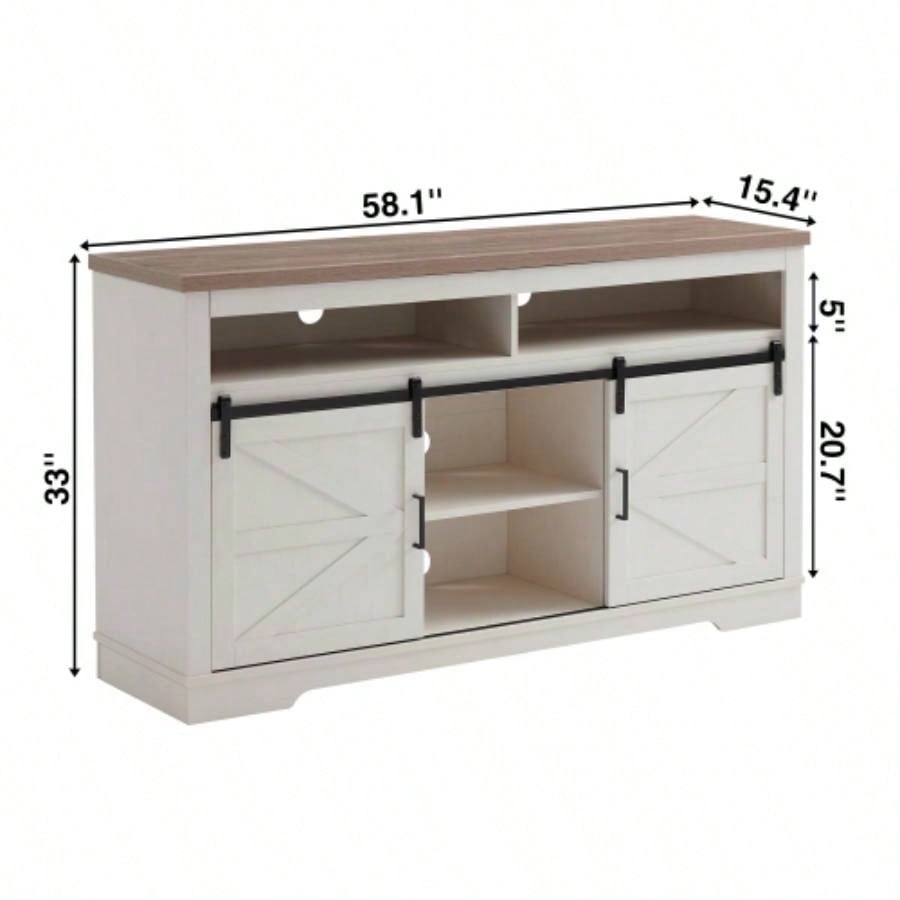 Farmhouse TV Stand 65+ Inch TV, 33 Tall Highboy Entertainment Center/Sliding Barn Door, Rustic Media Console/Storage Shelves, Wood Television Stand Living Room, Antique White