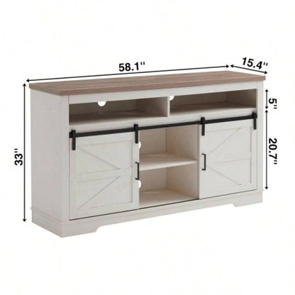Farmhouse TV Stand 65+ Inch TV, 33 Tall Highboy Entertainment Center/Sliding Barn Door, Rustic Media Console/Storage Shelves, Wood Television Stand Living Room, Antique White