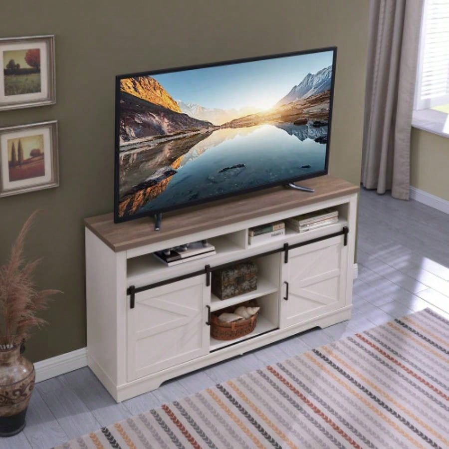Farmhouse TV Stand 65+ Inch TV, 33 Tall Highboy Entertainment Center/Sliding Barn Door, Rustic Media Console/Storage Shelves, Wood Television Stand Living Room, Antique White