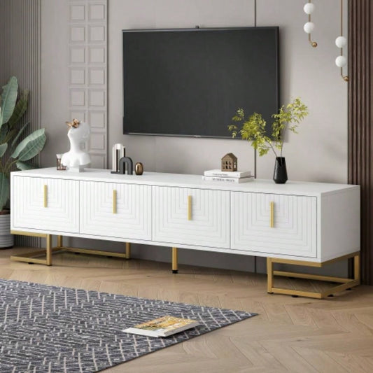 ON - TREND Modern TV Stand with Metal and Gold Handles TVs Up to 80 Media Console Table with Cabinets and Adjustable Shelves, Luxury TV Cabinet with Geometric Lines Living Room, White