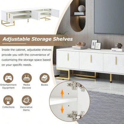 ON - TREND Modern TV Stand with Metal and Gold Handles TVs Up to 80 Media Console Table with Cabinets and Adjustable Shelves, Luxury TV Cabinet with Geometric Lines Living Room, White