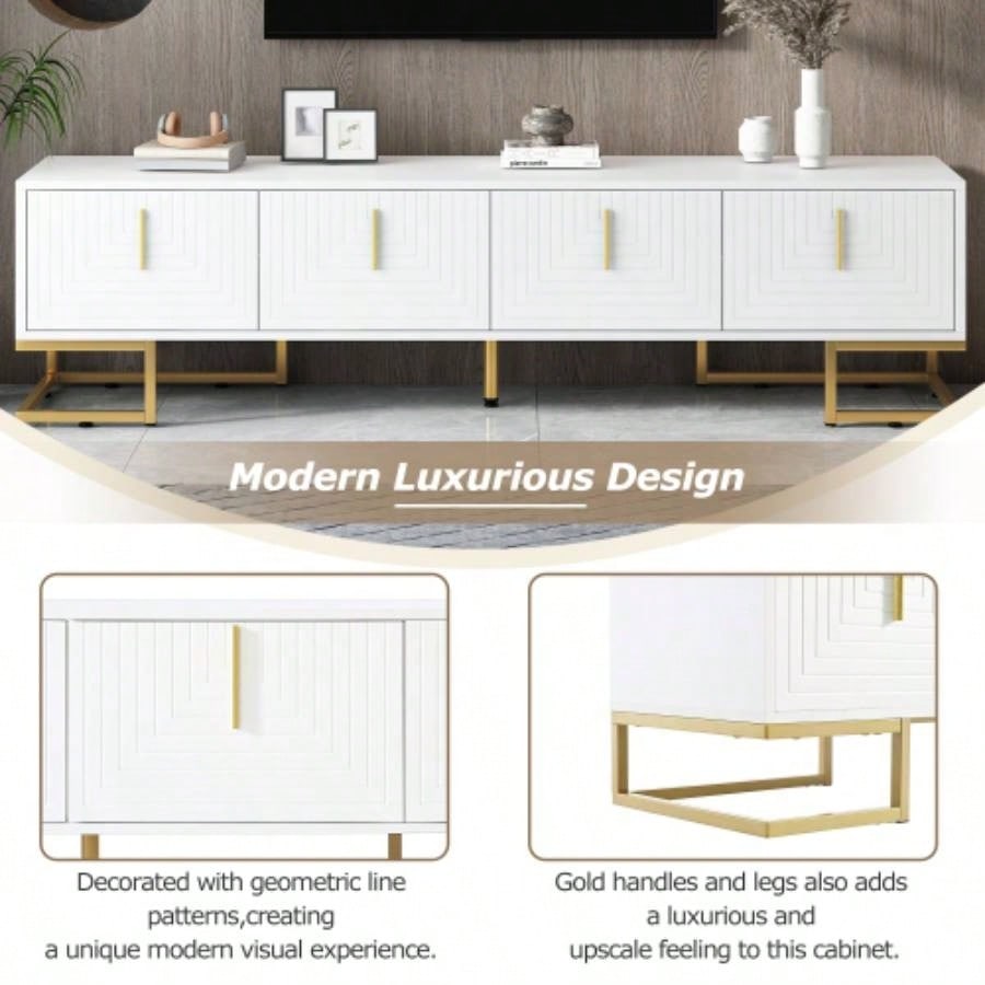 ON - TREND Modern TV Stand with Metal and Gold Handles TVs Up to 80 Media Console Table with Cabinets and Adjustable Shelves, Luxury TV Cabinet with Geometric Lines Living Room, White