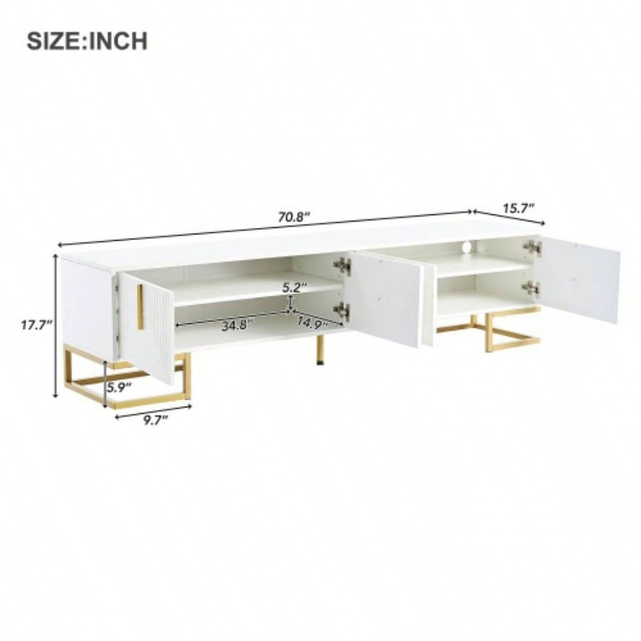 ON - TREND Modern TV Stand with Metal and Gold Handles TVs Up to 80 Media Console Table with Cabinets and Adjustable Shelves, Luxury TV Cabinet with Geometric Lines Living Room, White
